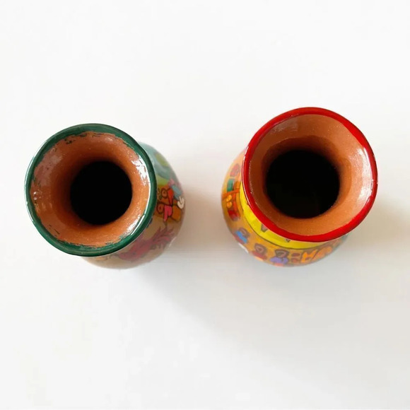 Vintage Handpainted Mexican Pottery Vases Red Clay Small Vessels Jugs Colorful 2 - Picture 2 of 12